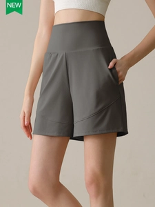 Women's high waist charcoal grey athletic shorts with side pockets and slimming fit