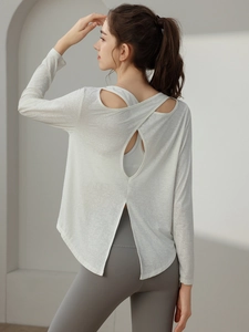 Damen Nylon Jacquard Langarm Yoga Top Hohlrücken Überkreuz-Design Locker Fitness Sportbekleidung Gym Cover Up Top