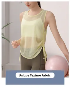 Detail of breathable slub yarn yoga tank top with side drawstring and unique texture