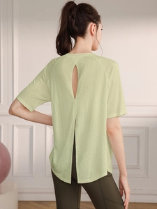 Light green breathable mesh yoga tee with back slit design for running and fitness