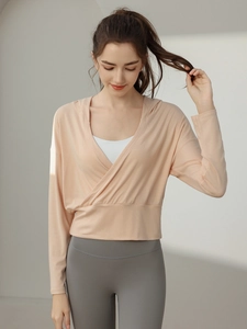 Sweat à Capuche Court pour Femme Manches Longues Croisé sur le Devant Haut de Yoga Sportif Entraînement en Rayonne Activewear