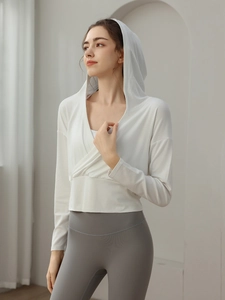 Sweat à capuche de sport blanc pour femme avec design croisé et manches longues pour yoga