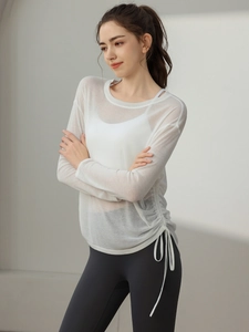 Women Yoga Fitness T-Shirt Long Sleeve Side Drawstring Breathable Athletic Workout Top Solid Color Polyester Viscose Blend