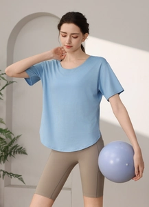 Detail of light blue camouflage mesh workout t-shirt with breathable quick-dry fabric