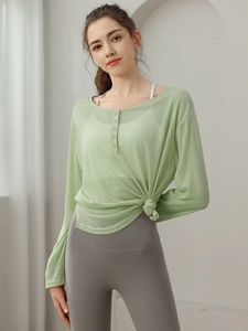 Haut de Yoga Ample pour Femmes Manches Longues Respirant T-Shirt d'Entraînement Nervuré Avec Boutons Vert Sauge Bleu Jaune Fitness