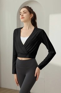 Detail of cross-front long sleeve yoga top and high-waisted grey compression leggings