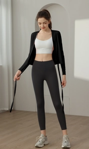 Slim fit yoga set with white tank top, black tie-front cardigan and grey leggings