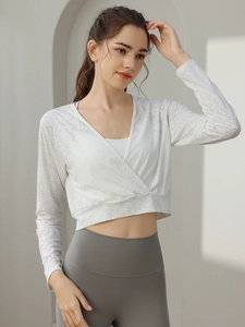 Women Cropped Yoga Wrap Top Long Sleeve Mesh Jacquard Fitness Cover Up Breathable Pilates Gym Sports Top For Women