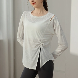 Women Hollow Shoulder Yoga T-Shirt Jacquard Breathable Long Sleeve Sports Top With Side Drawstring Split Hem Activewear
