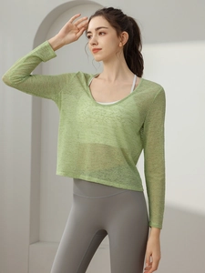 Haut de Yoga Ample pour Femmes Manches Longues Respirant T-Shirt Athlétique en Maille Séchage Rapide Workout Fitness Sport