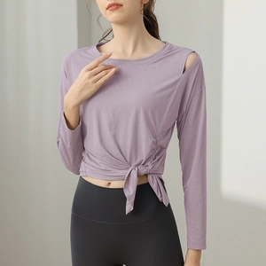 Light purple one-shoulder long sleeve yoga top with adjustable side drawstring knot