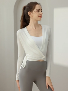 Women's white wrap yoga cardigan with long sleeves and side tie for fitness workout