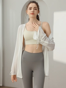 Women Yoga Sun Protection Jacket Long Sleeve Loose Fitness Top Pilates Breathable Sport Cover-up With Drawstring Cuffs Polyester