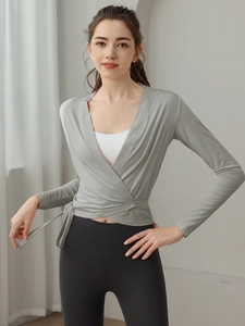 Slim fit wrap yoga jacket for women in light grey green with side tie and long sleeves