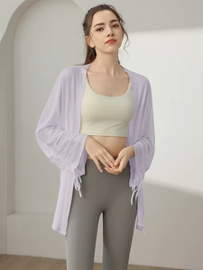 Light purple long sleeve yoga cover up jacket with breathable mesh and drawstring cuffs