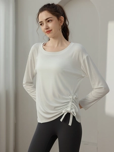 Damen Sportoberteil in Weiß, langärmliges Yoga-Shirt mit verstellbarem Kordelzug am Saum