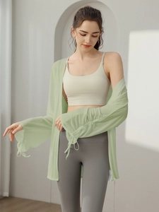 Light green sun protection yoga cardigan with drawstring cuffs and long sleeves
