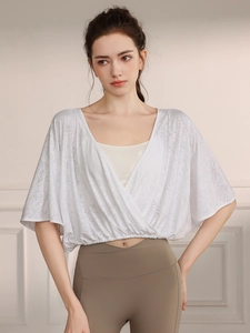 White jacquard mesh yoga cover-up with batwing sleeves and elastic hem for women