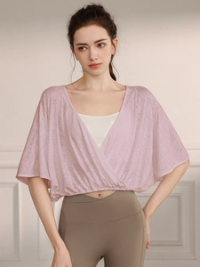 Women's jacquard yoga top set with lotus pink cutout batwing sleeve cover-up shirt
