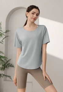 Close-up of loose-fit camouflage burnout sports t-shirt with curved hem and crew neck