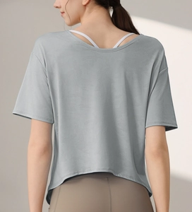 Detail of grey camouflage burnout sports t-shirt with open back and breathable fabric