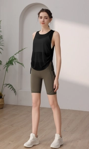 Mesh breathable yoga tank top with side drawstring and high-waisted olive green biker shorts