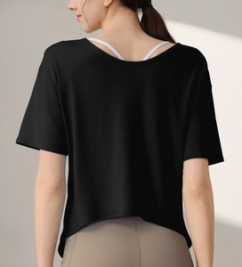 Back view of a loose black camo burnt-out sports T-shirt with quick-dry fabric detail