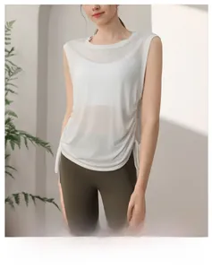 Close-up of white Tencel snowflake fabric sports vest with adjustable side drawstrings