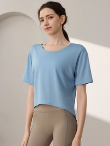 Women's light blue camo burnout quick-dry athletic t-shirt with asymmetric hem
