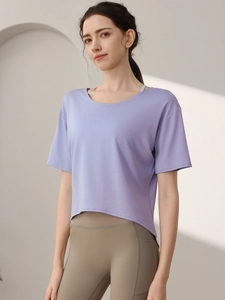 Lavender loose quick-dry sports t-shirt and olive high-waist yoga pants fitness set
