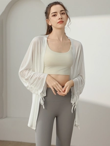 Women's breathable white yoga jacket with mesh long sleeves and drawstring cuff details