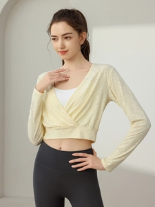 Women Long Sleeve Yoga Wrap Top Breathable Jacquard Sportswear V Neck Cropped Fitness T Shirt Gym Running Activewear