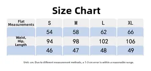 Detailed size chart for high-waisted sports shorts showing waist, hip, and length in cm