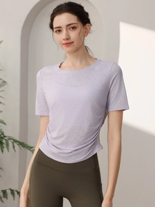 T-Shirt de Sport Coupe Slim pour Femmes Manches Courtes Respirant Haut de Yoga Pullover Séchage Rapide Fitness Gym Course Jacquard Fronces