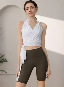 Canotta Yoga Donna Halter Scollatura V a Portafoglio Con Lacci Gilet Fitness Texture Jacquard Senza Maniche Maglia Sportiva