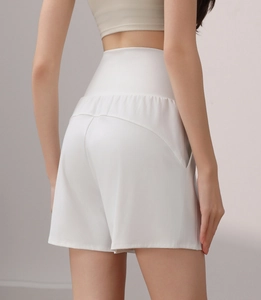Rear view of white high-waisted yoga shorts with wide waistband and back arc stitching