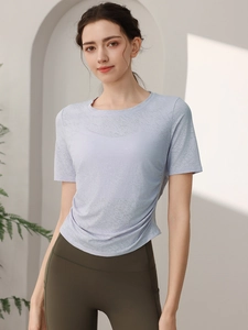 T-shirt de sport mauve à motif marbré avec fronces latérales pour le yoga et fitness