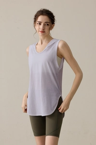 Detail of light purple breathable mesh hooded tank top with curved hem for yoga gym