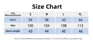 Detailed size chart for high-waisted sports shorts showing waist, hip, and length in cm