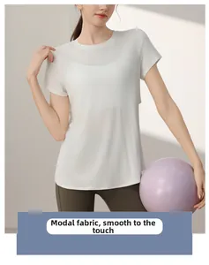 Close-up of white modal fabric short-sleeve sports T-shirt with smooth touch texture