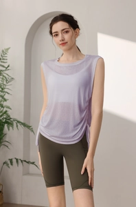Detail view of breathable lavender mesh sports tank top with side drawstring design