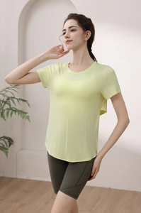 Short sleeve modal yoga t-shirt featuring curved hem and loose fit for fitness training