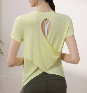 Detail of light yellow yoga t-shirt featuring a cross back cutout and mesh fabric texture