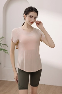 Detail of modal sports T-shirt with curved hem and breathable fabric for yoga training