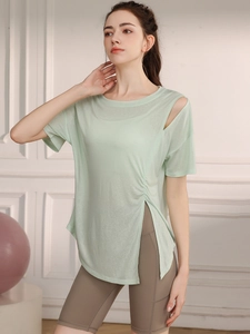 Haut de Yoga Fitness pour Femmes Respirant Épaules Dénudées T-Shirt Manches Courtes avec Cordon de Serrage et Fente Haut de Sport Léger