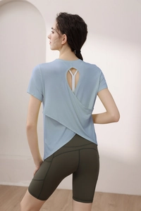Detail of cross back cut-out on modal sports t-shirt for yoga and fitness training