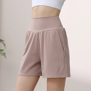 High-waisted dry rose pink yoga shorts with tummy control and side pockets for running