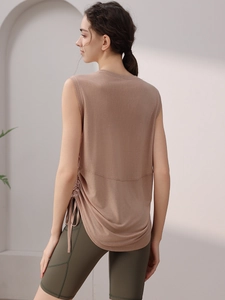 Women's Tencel drawstring yoga tank top in mauve brown with adjustable side ruching