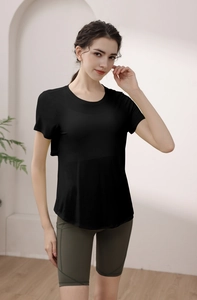 Short sleeve modal yoga top with a round neck and curved hem for women in sports style
