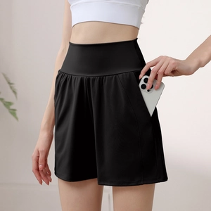 Women's high waist black nylon yoga shorts with side pockets for fitness and running
